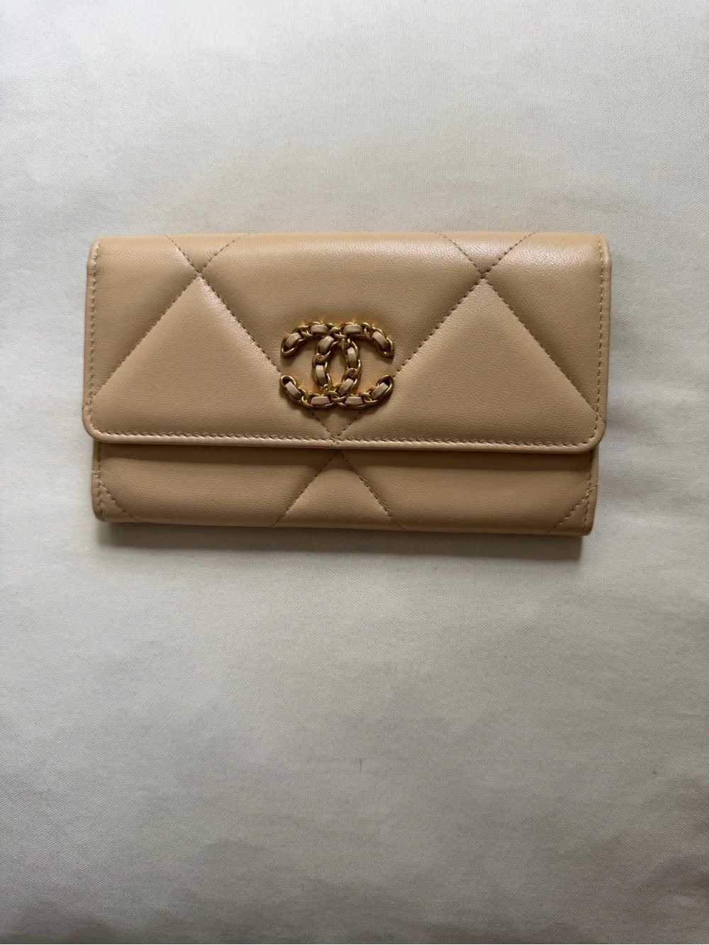 CHANEL Quilted Nude Beige Leather Fold Wallet with Gold CC Chain Emblem